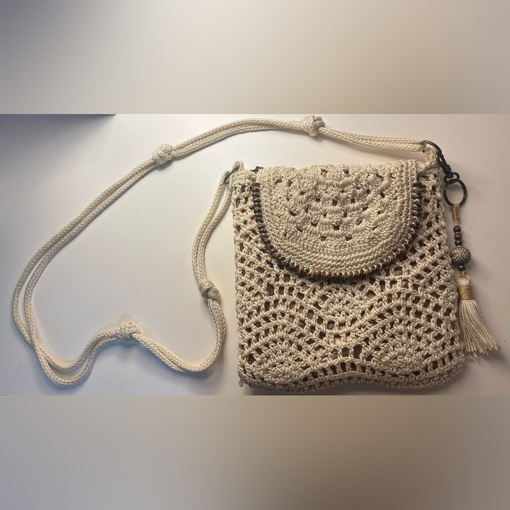 The SAK Sayulita Natural Crochet Purse Crossbody Shoulder Bag Boho Macrame